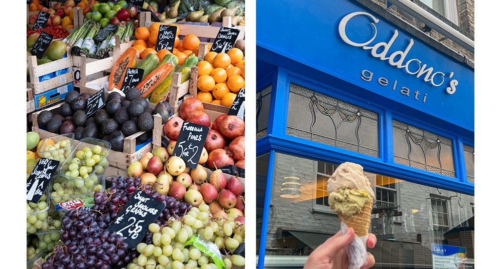 Split image with vegetable market stall on the left and ice cream in hand with an Oddono's gelateria in a background