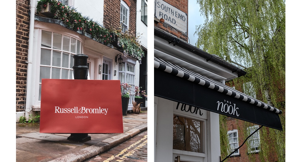 Russell and Bromley bag hang on the street post near nook  cafe